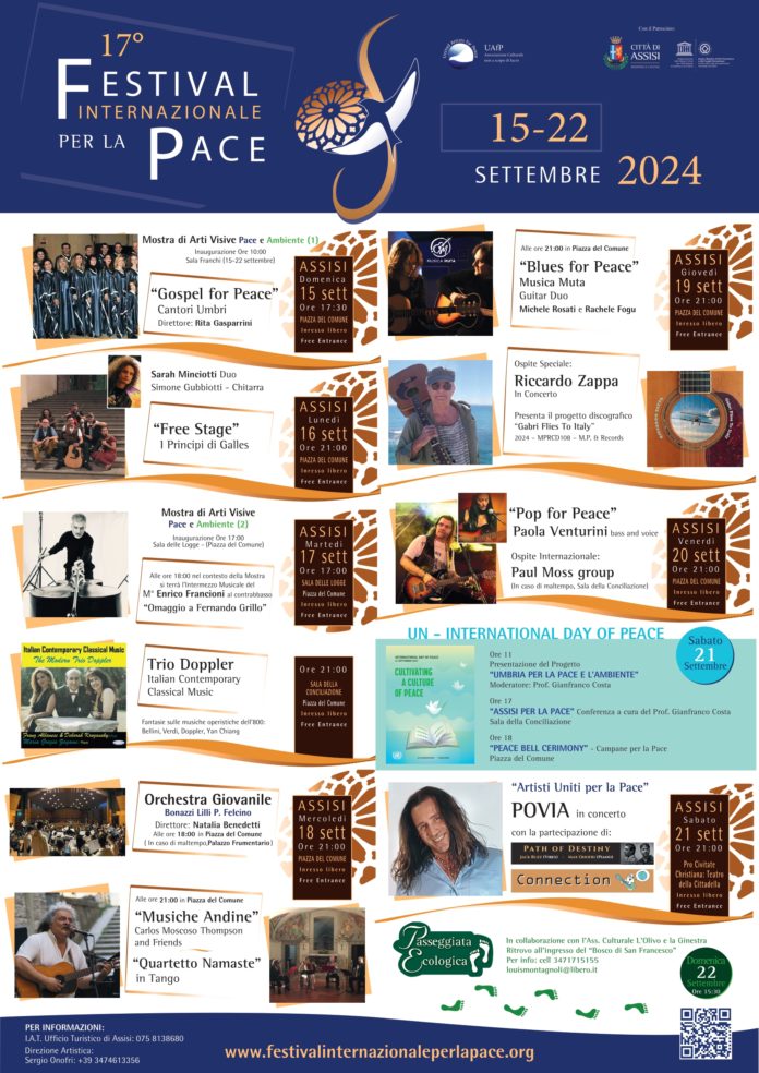 Assisi: al via il Festival internazionale per la pace dal 15 al 22 settembre