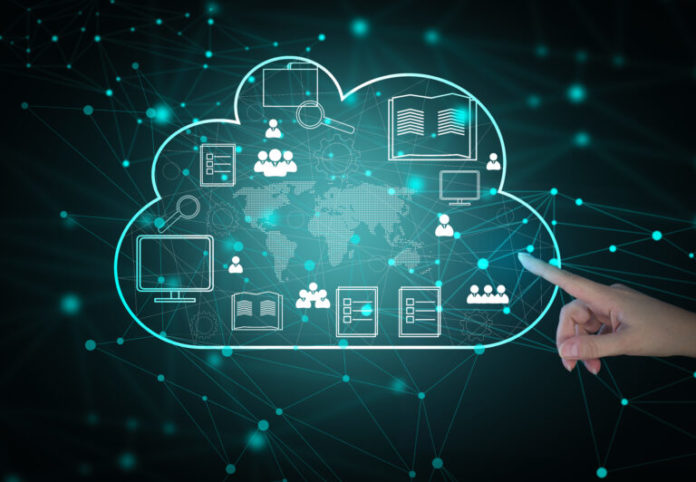Cloud data storage and businessman's hand. Information exchange